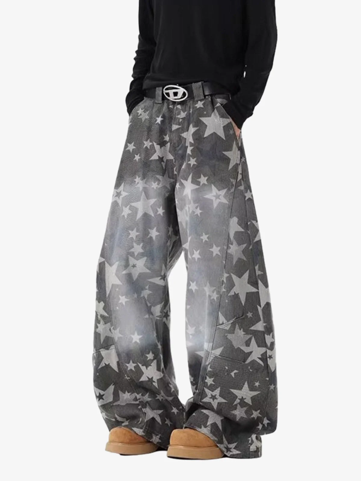 Allover Star Print Vintage Wash Wide Leg Denim Jeans - Image 3