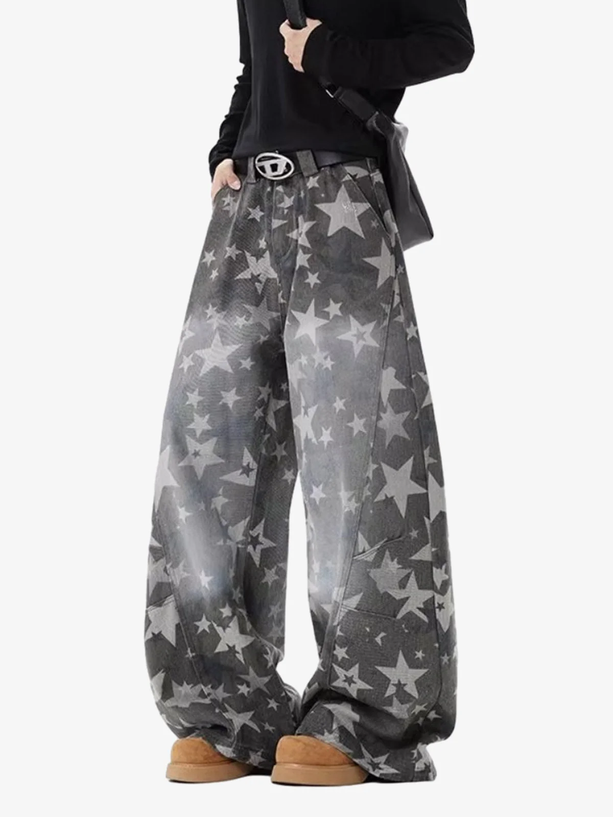 Allover Star Print Vintage Wash Wide Leg Denim Jeans - Image 4