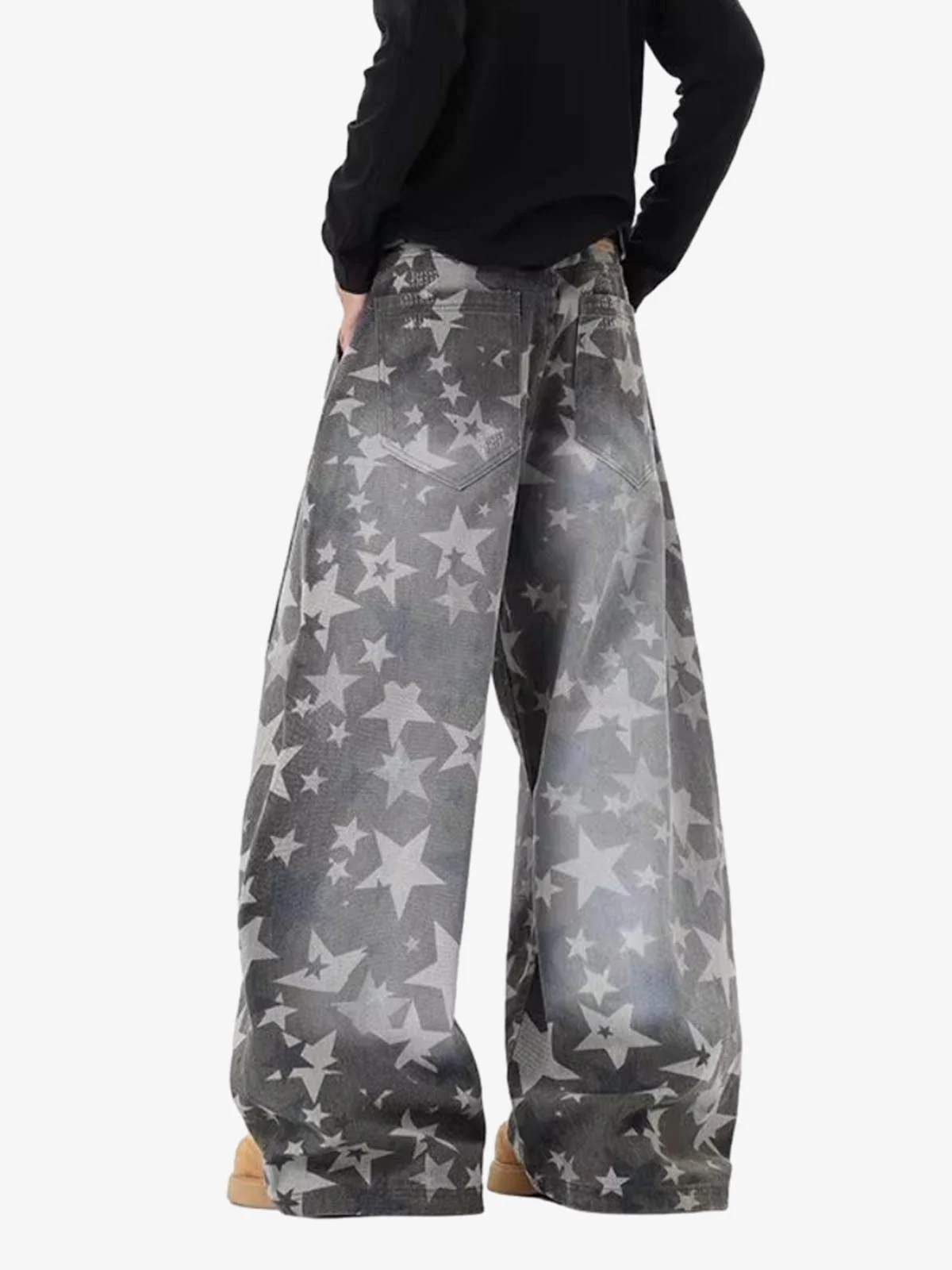 Allover Star Print Vintage Wash Wide Leg Denim Jeans - Image 5