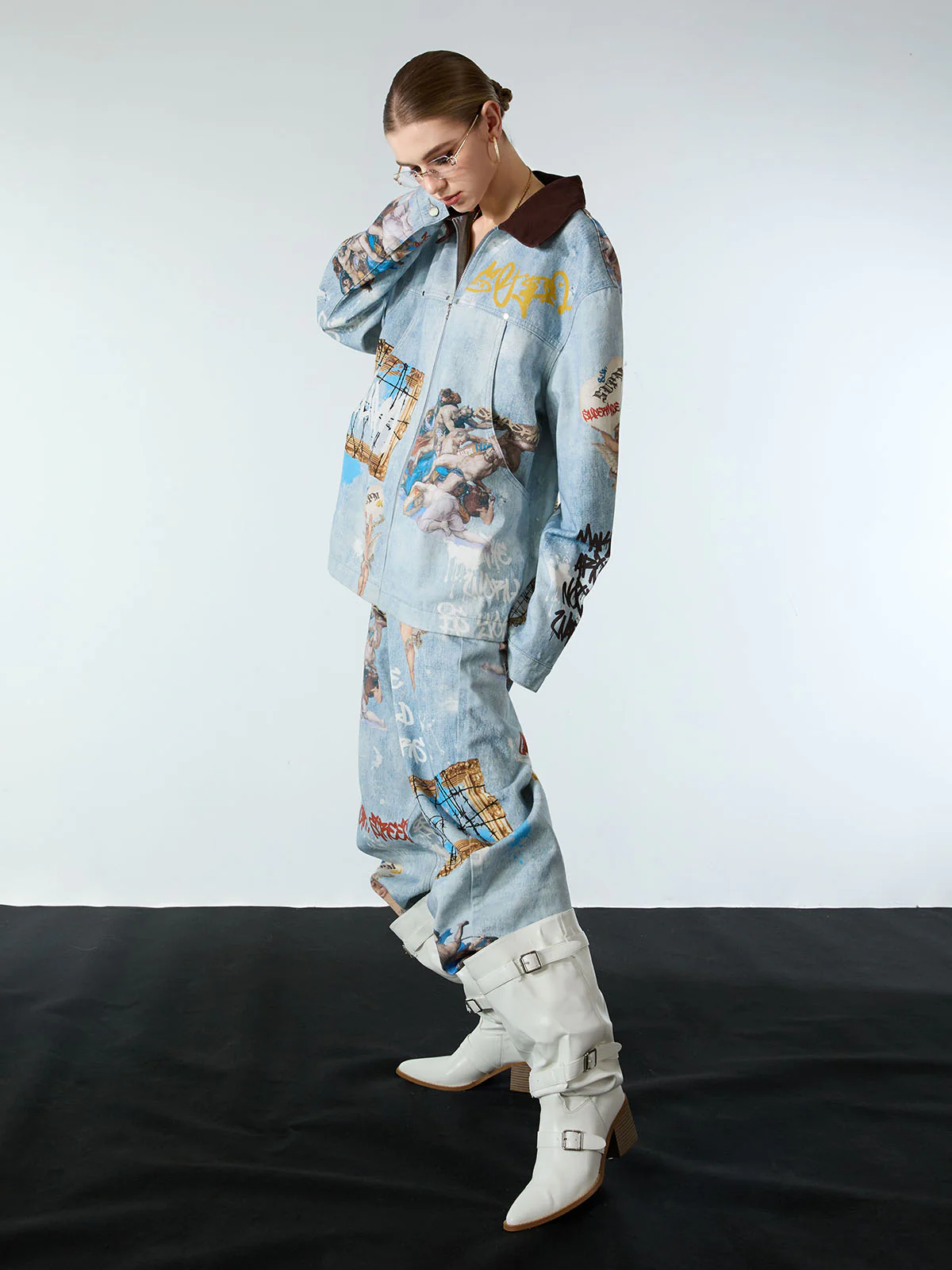 Artistic Patches Graphic Distressed Denim Jacket - Image 6