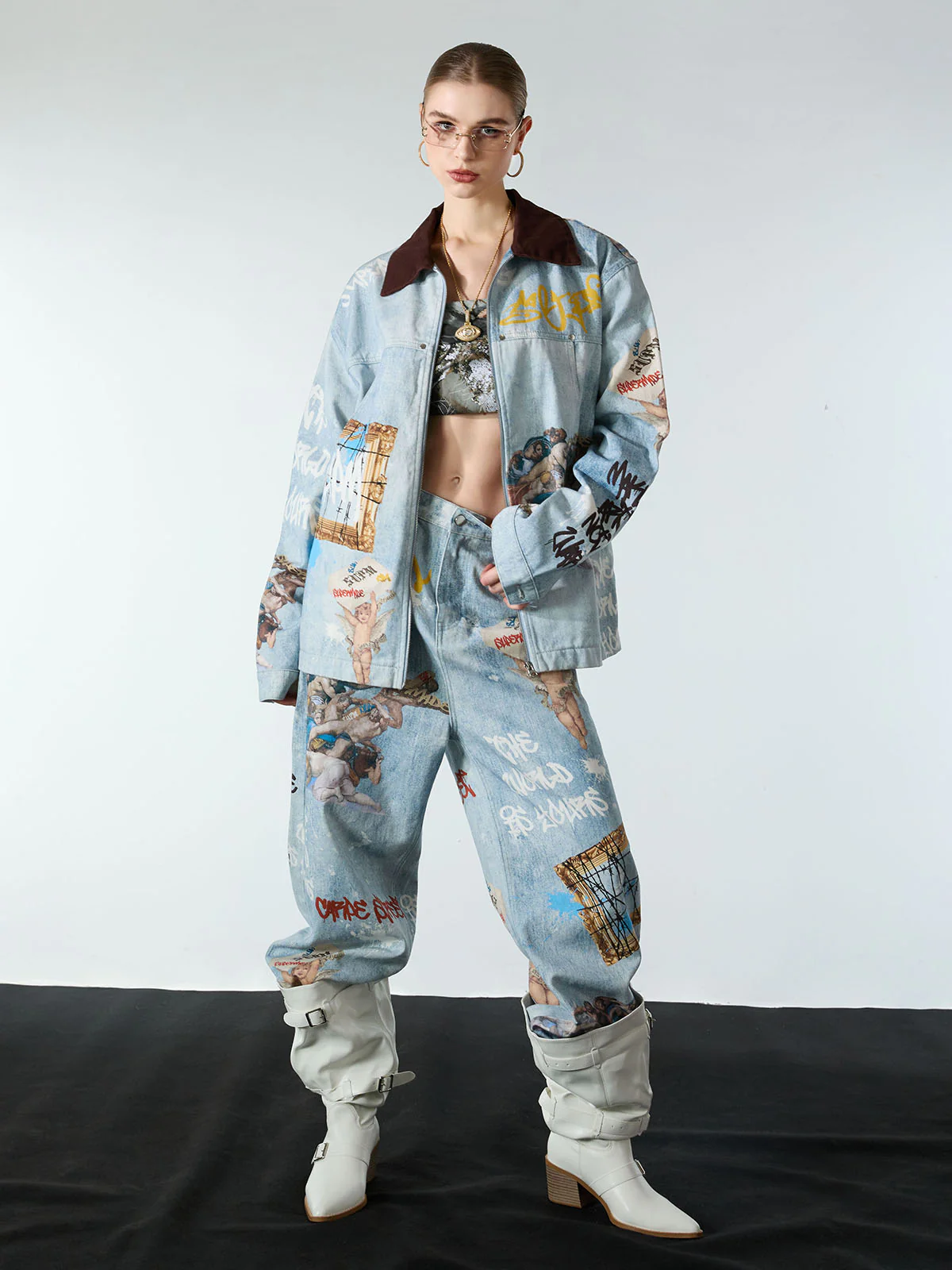 Artistic Patches Graphic Distressed Denim Jacket - Image 7