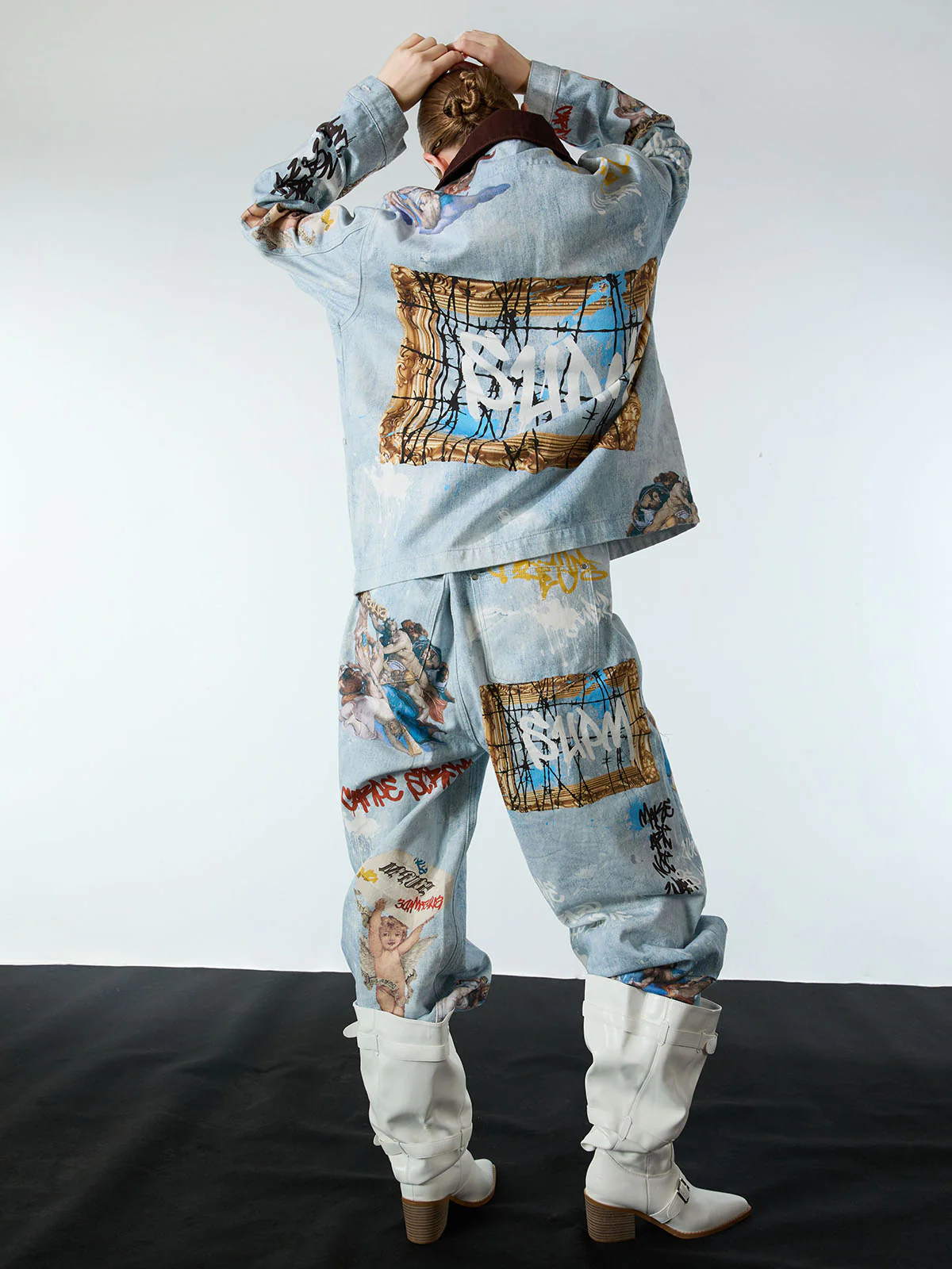 Artistic Patches Graphic Distressed Denim Jacket - Image 8