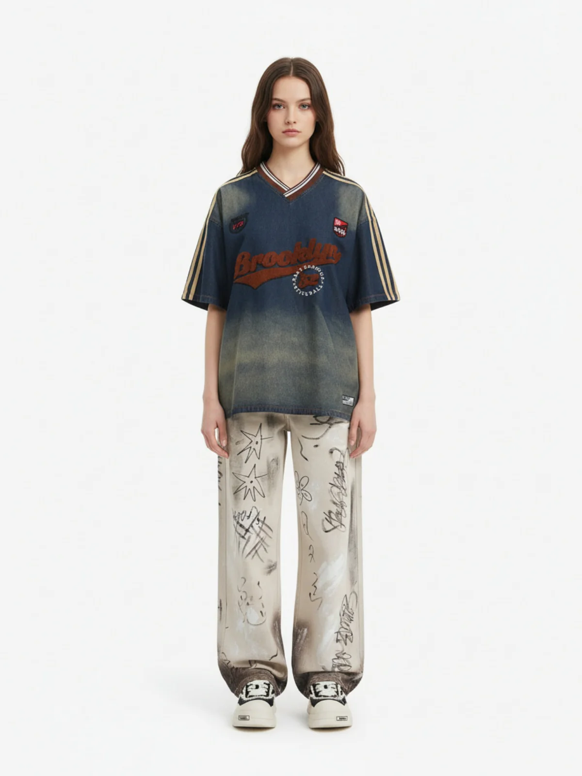 Denim Vintage Washed Distressed Gradient Embroidery T-Shirt - Image 3