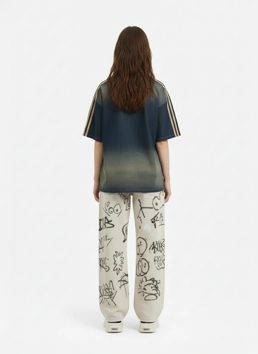 Denim Vintage Washed Distressed Gradient Embroidery T-Shirt - Image 4