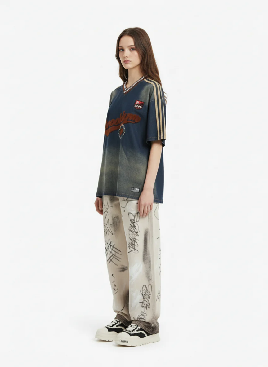 Denim Vintage Washed Distressed Gradient Embroidery T-Shirt - Image 5