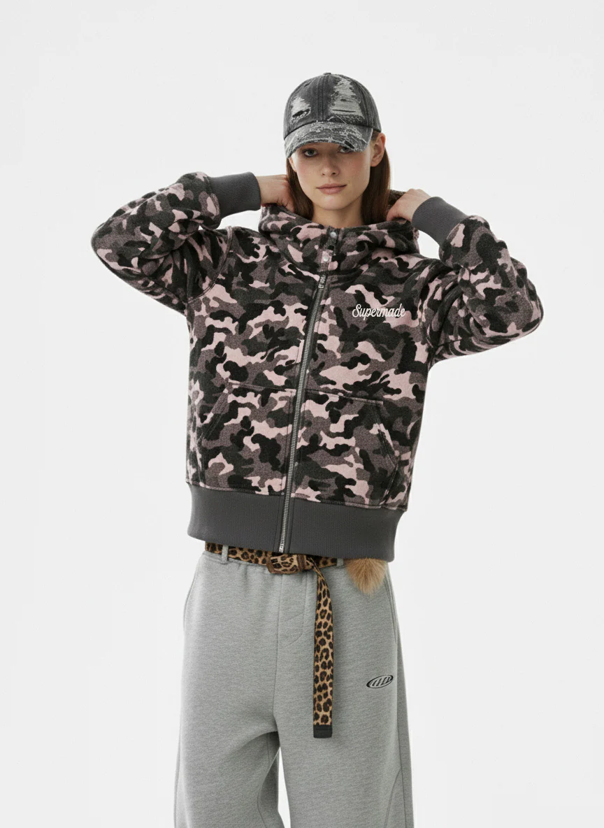 Camo Sherpa-Lined Detachable-Collar Fleece Hooded Jacket - Image 3