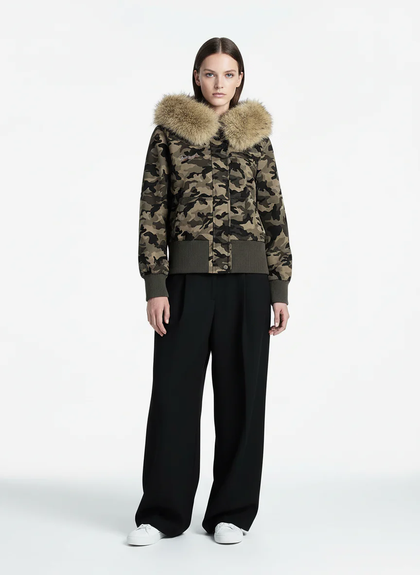 Camouflage Embroidery Patchwork Cardigan Fur Collar Hooded Sweatshirt - Image 3