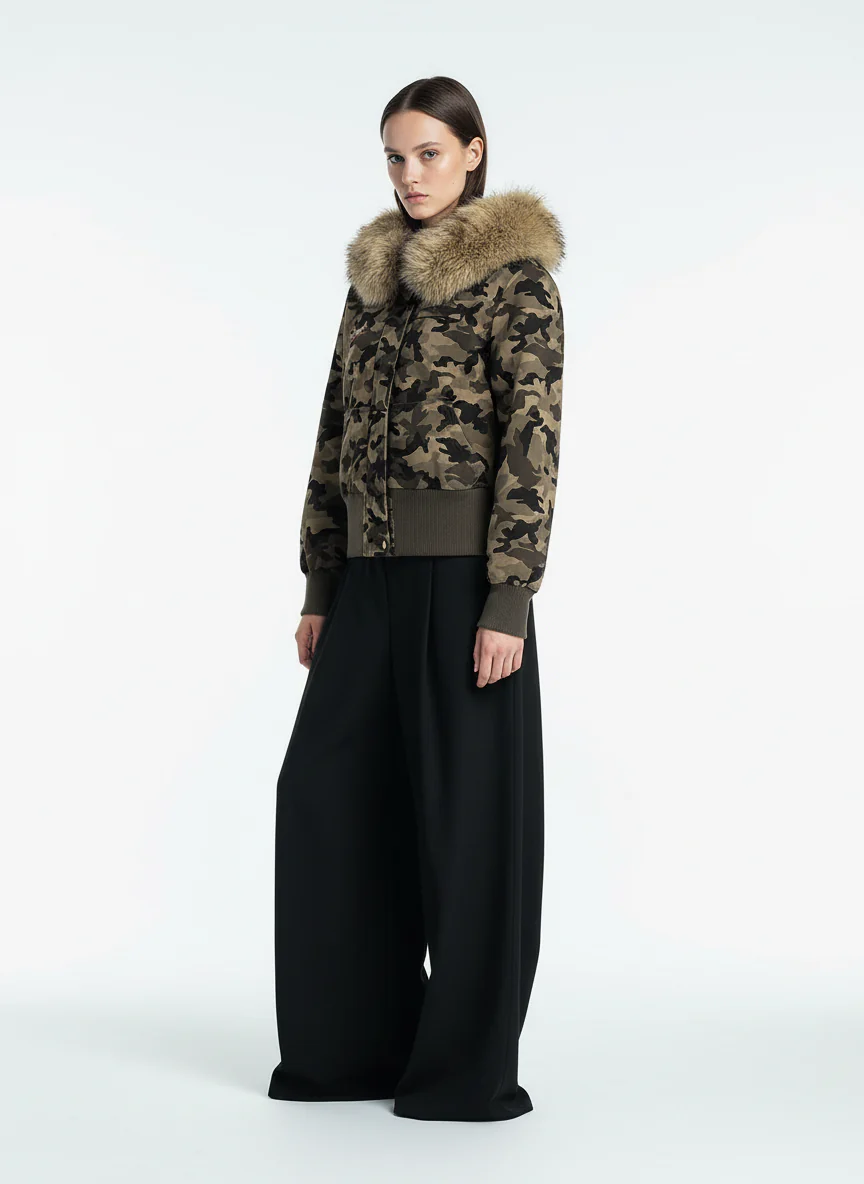 Camouflage Embroidery Patchwork Cardigan Fur Collar Hooded Sweatshirt - Image 5