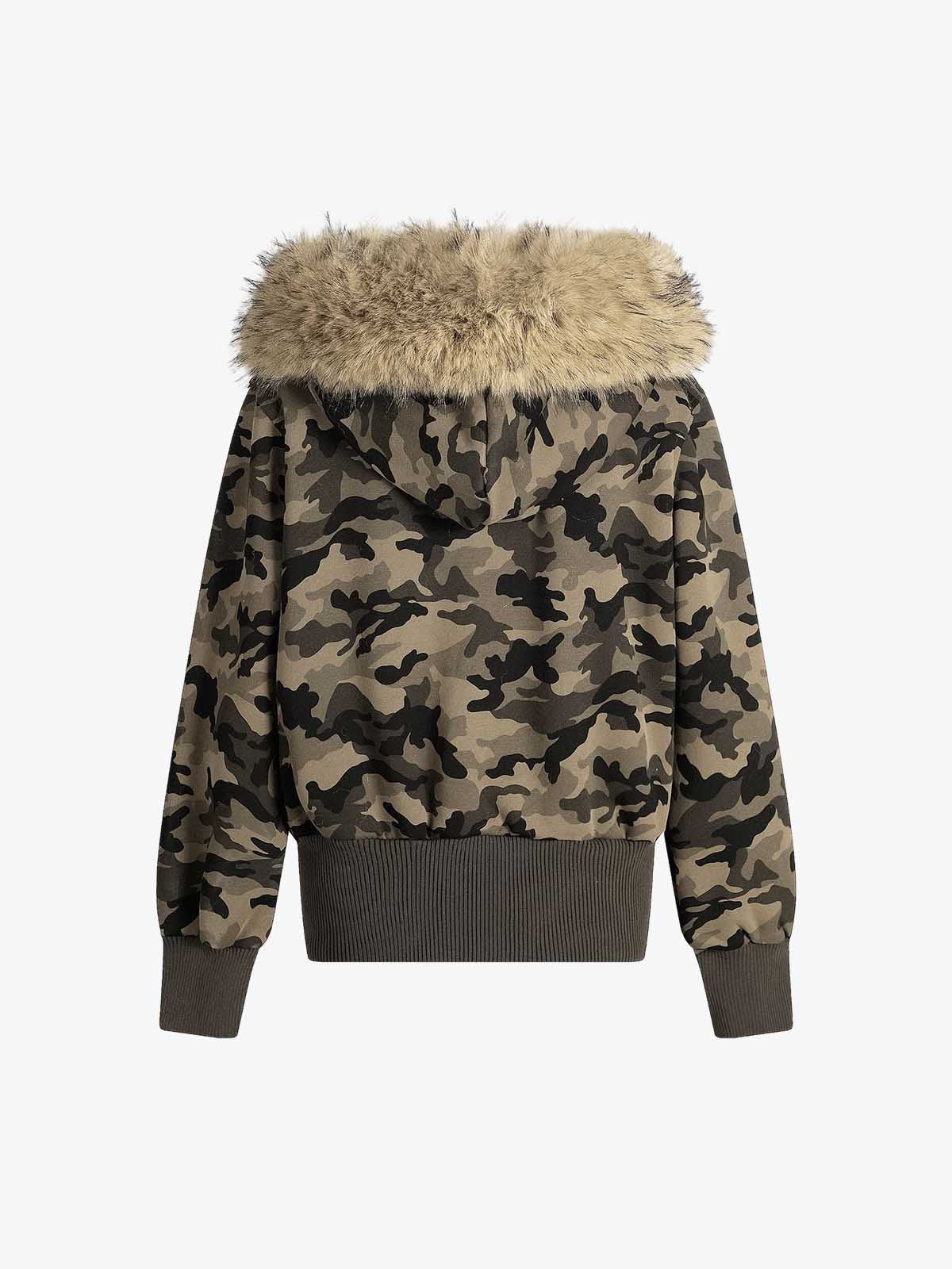 Camouflage Embroidery Patchwork Cardigan Fur Collar Hooded Sweatshirt - Image 6