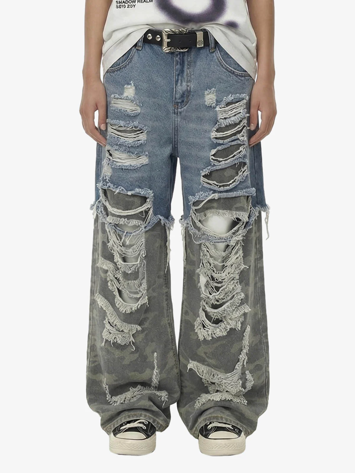 Camouflage Patchwork Ripped Cargo Jeans - 2452