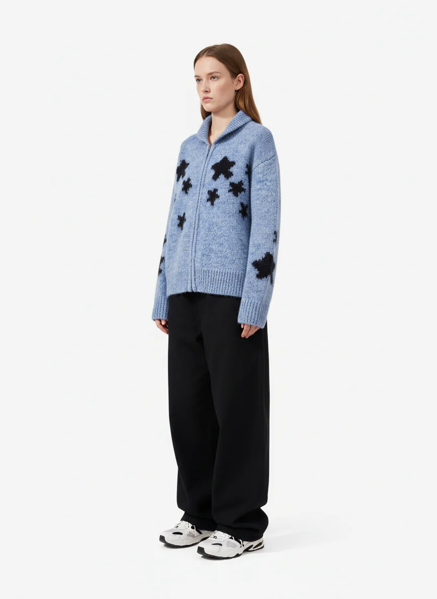 Casual Star Jacquard Double-Zip Cardigan Sweater - Image 6