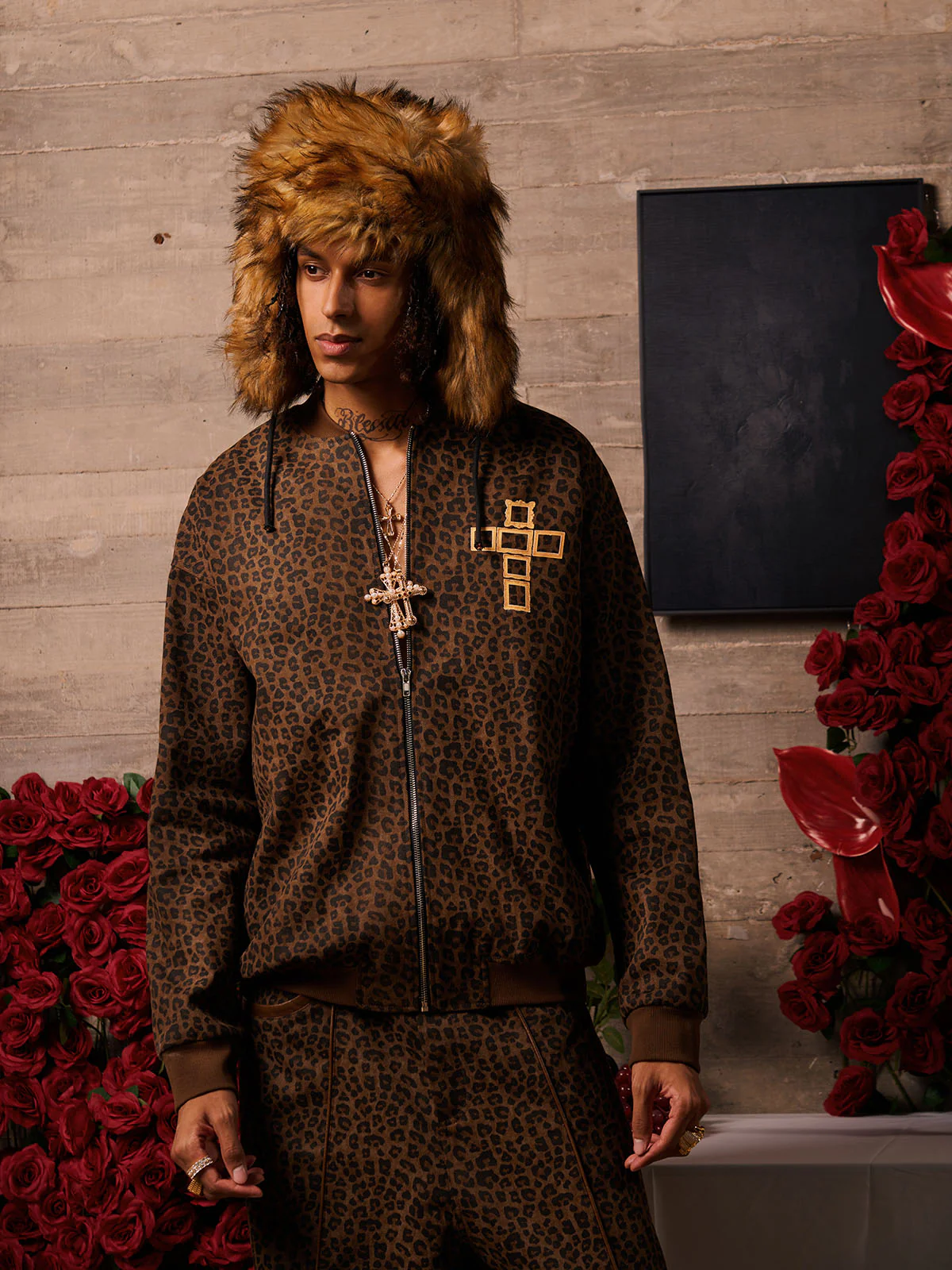 Cross Frame Leopard Print Baseball Jacket - Image 10