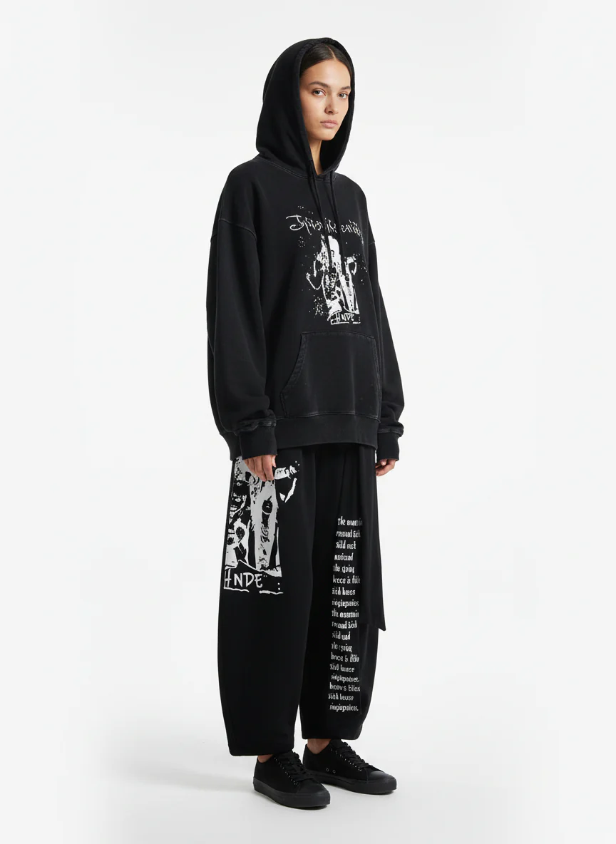 Dark Street Character Print Waist Strap Detail Barrel Pants - Image 5
