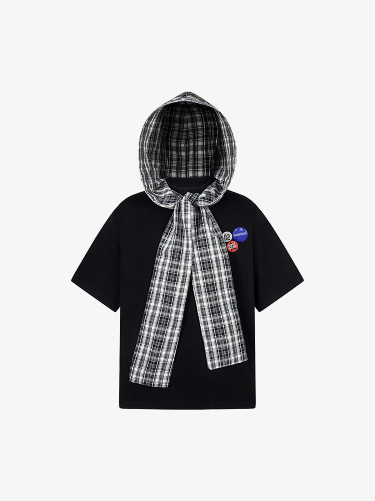 Jersey Knit Detachable Badge Hooded Plaid Cape T-Shirt - Image 2