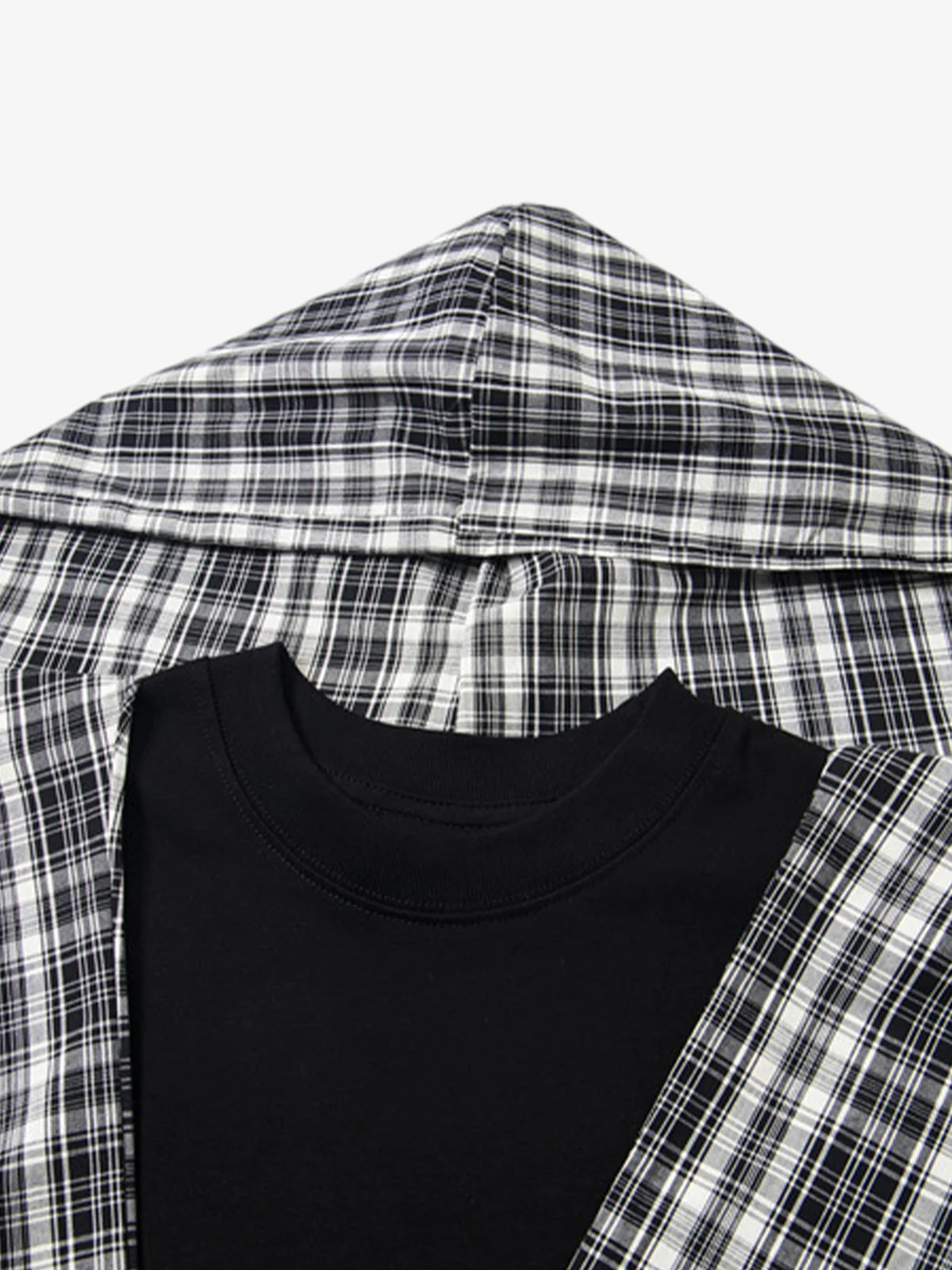 Jersey Knit Detachable Badge Hooded Plaid Cape T-Shirt - Image 6