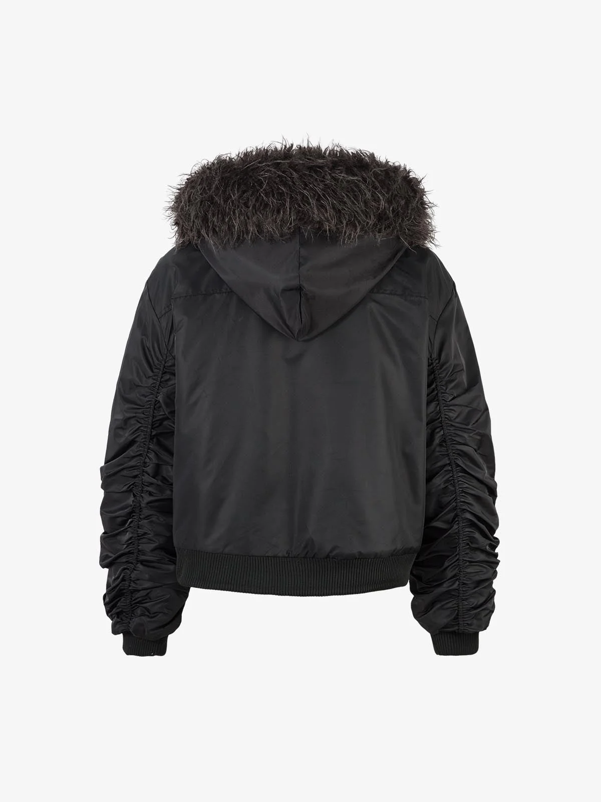 Detachable Faux Fur Collar Ruched Sleeve Bomber Jacket - Image 7