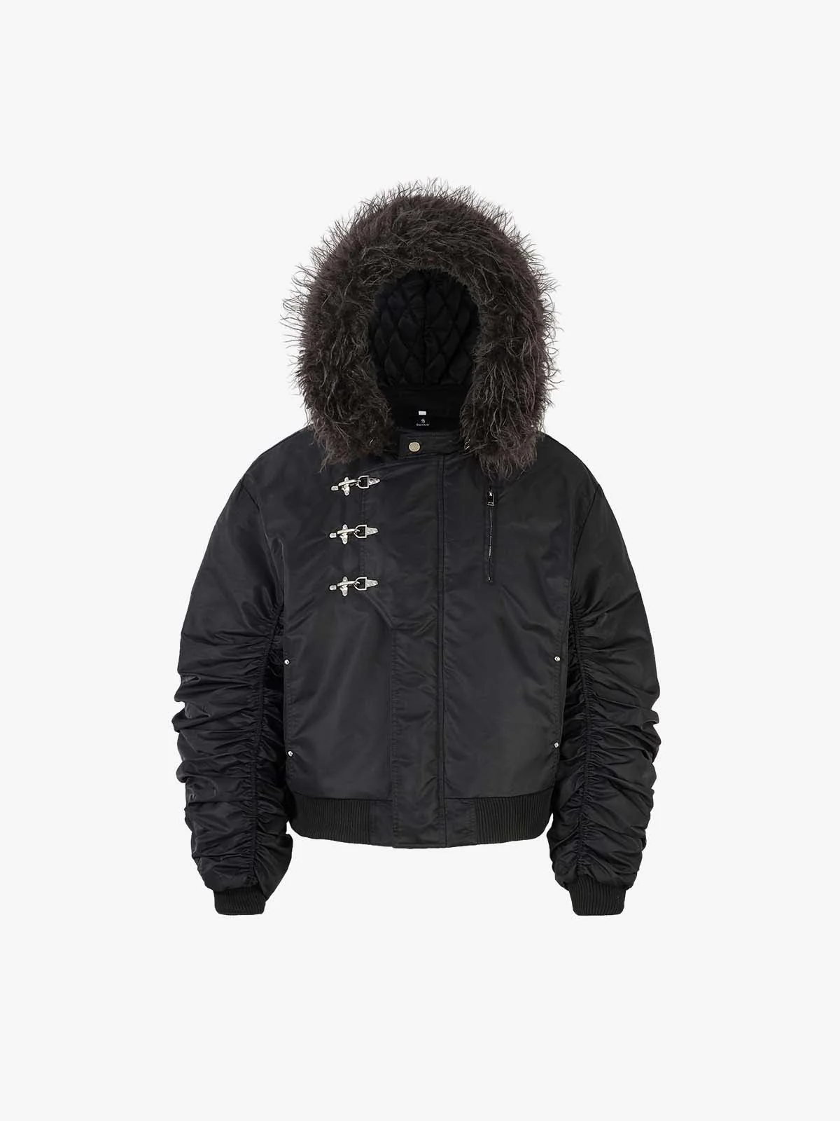 Detachable Faux Fur Collar Ruched Sleeve Bomber Jacket - Image 8