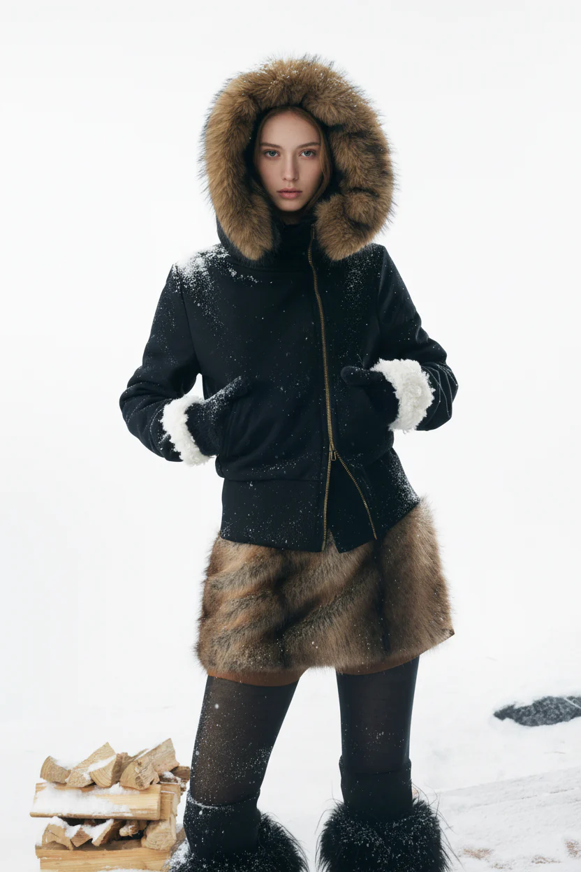 Detachable Fur Hooded Off-Shoulder Cropped Jacket