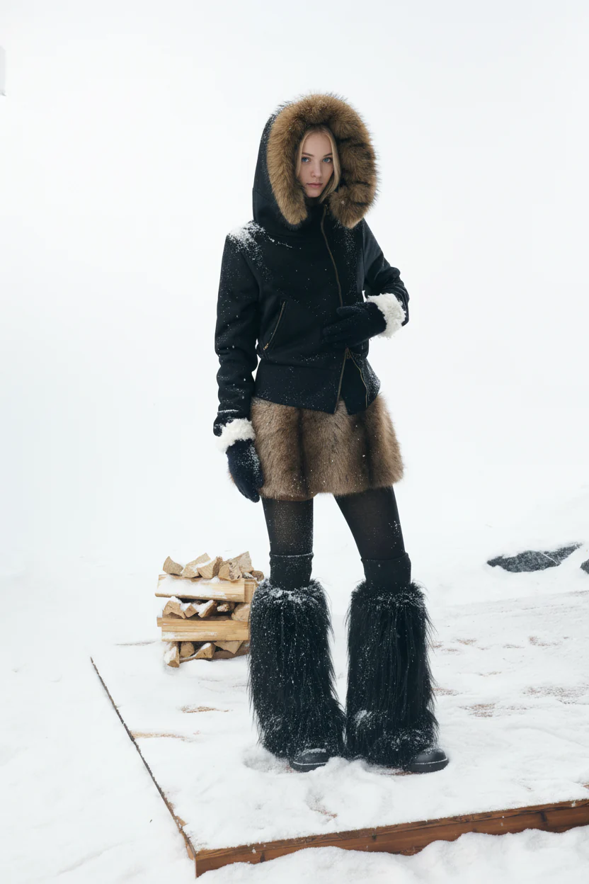 Detachable Fur Hooded Off-Shoulder Cropped Jacket - Image 3