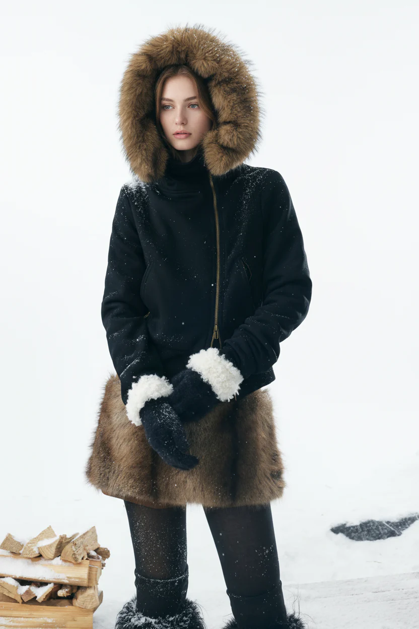Detachable Fur Hooded Off-Shoulder Cropped Jacket - Image 6