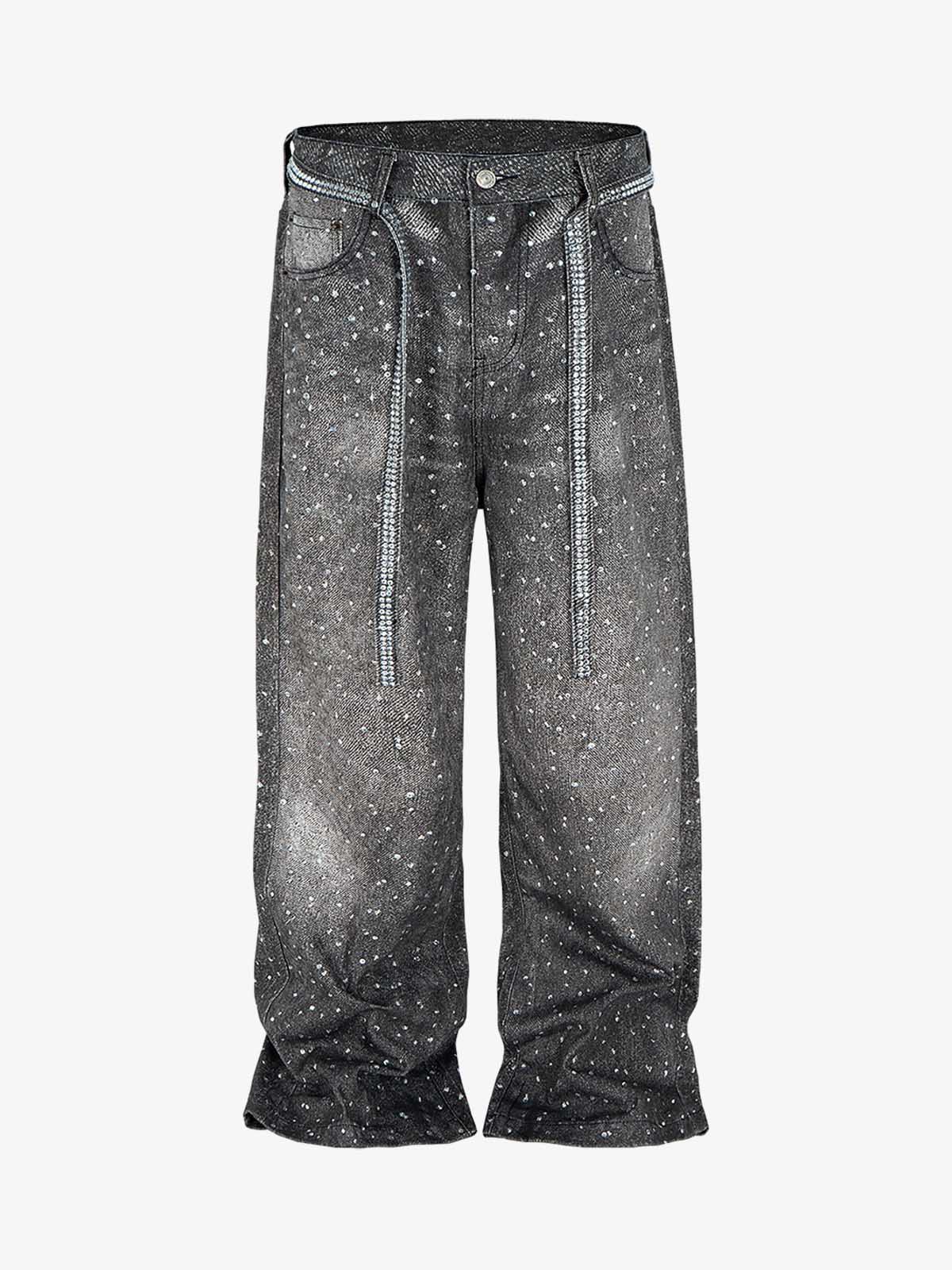 Denim Distressed Belt Diamond Decorated Jeans - Image 2