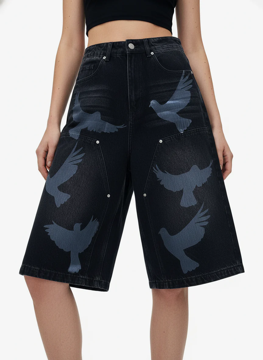 Distressed Dove-Print Denim Jort