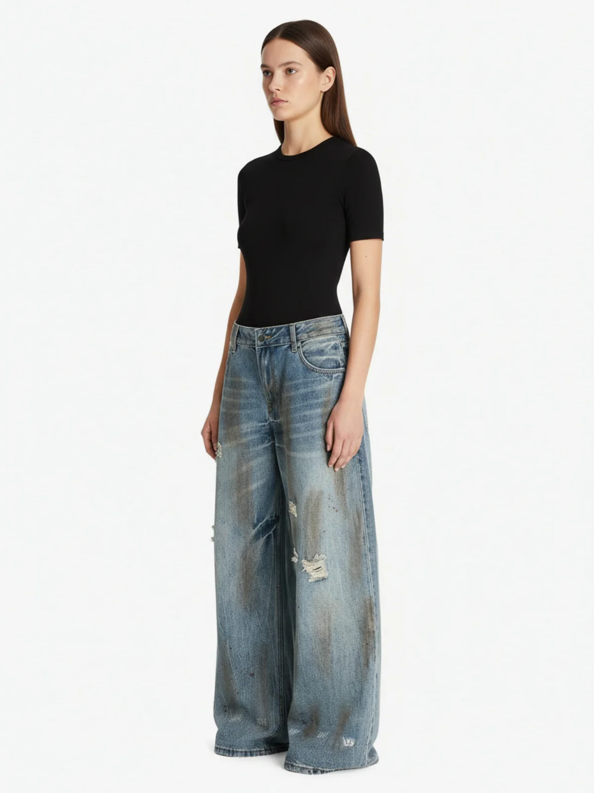 Washed Distressed Ripped Barrel Jeans - 2445 - Image 5