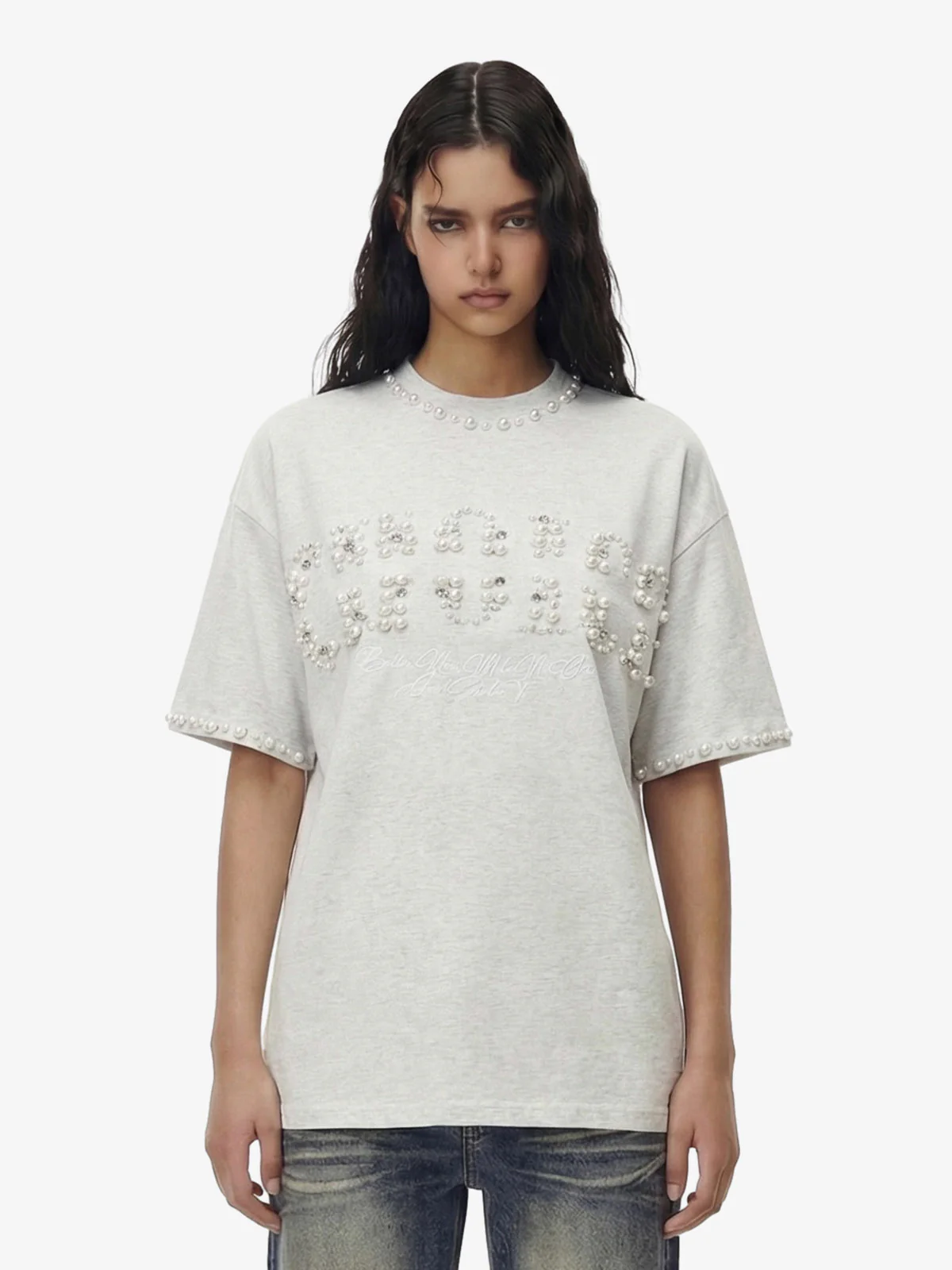 Elegant Pearl-Embellished Oversized T-Shirt