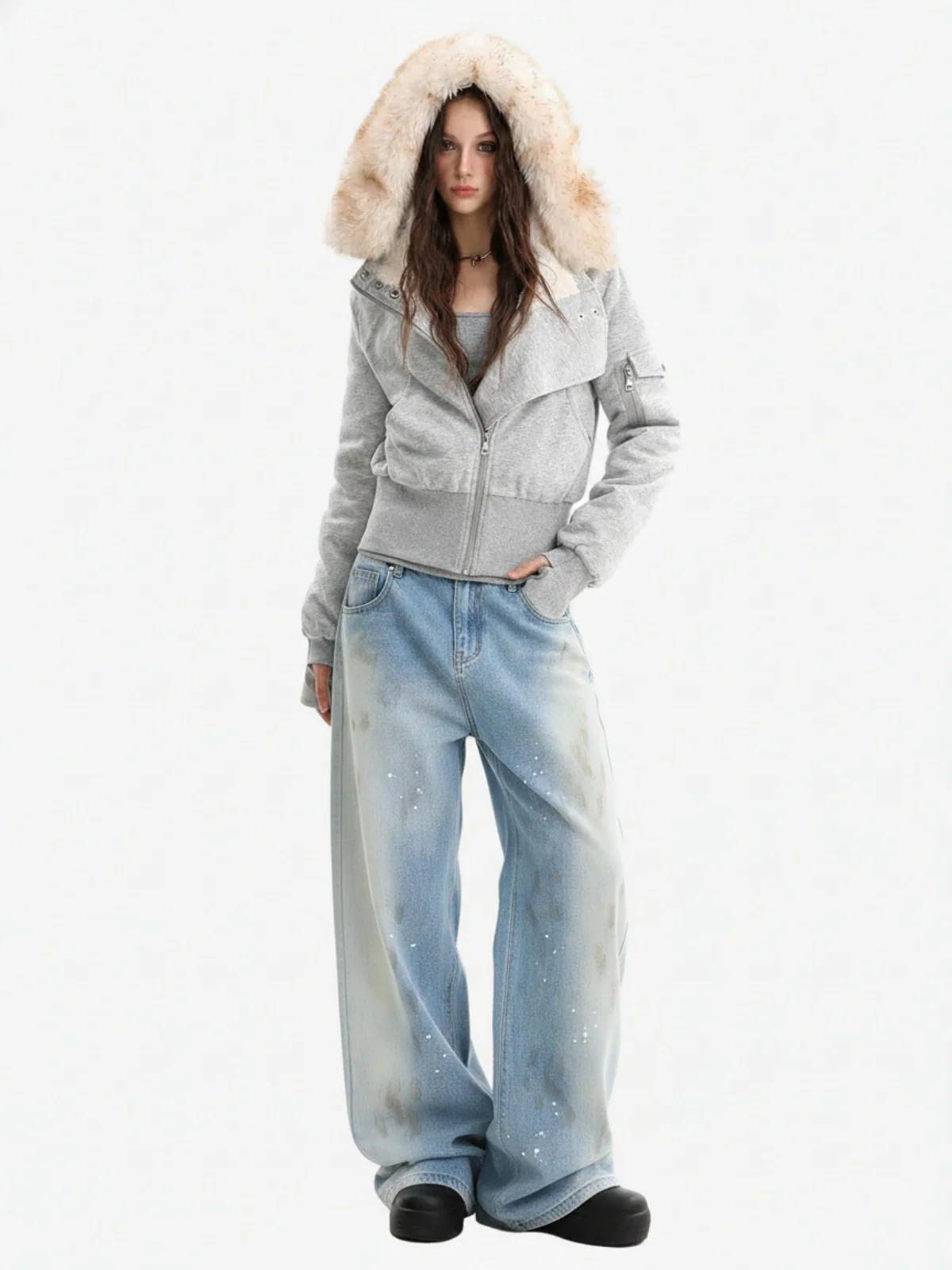 Vintage Heavy Splatter Washed Denim Wide Leg Jeans - Image 3