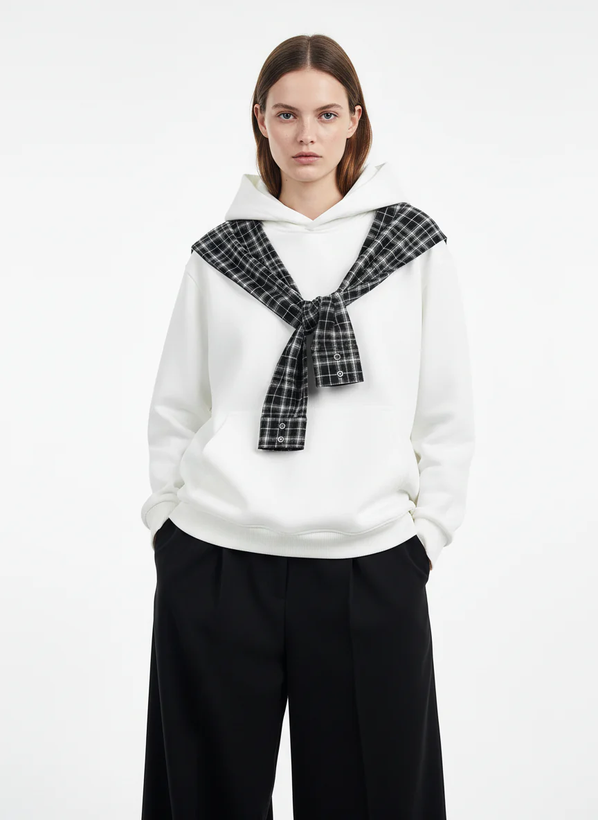 Fake Two-Piece Plaid Shirt Scarf Design Hoodie