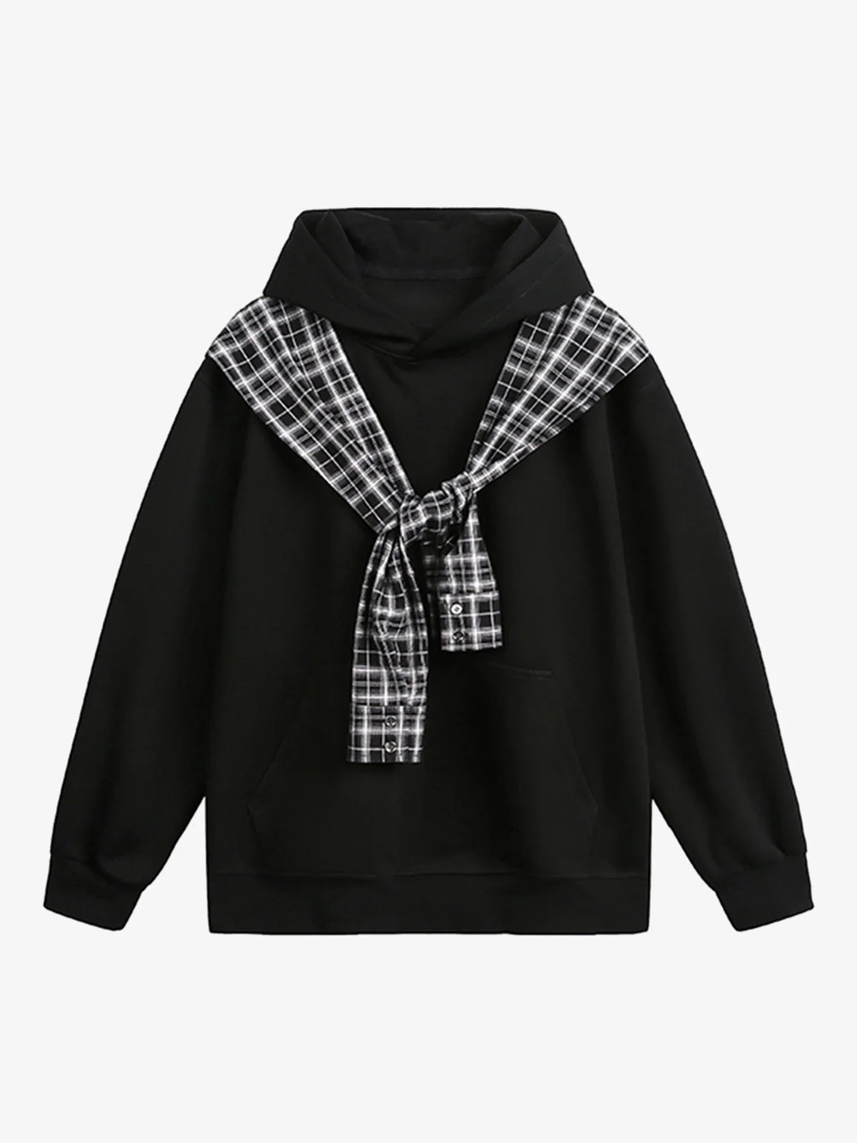 Fake Two-Piece Plaid Shirt Scarf Design Hoodie - Image 2