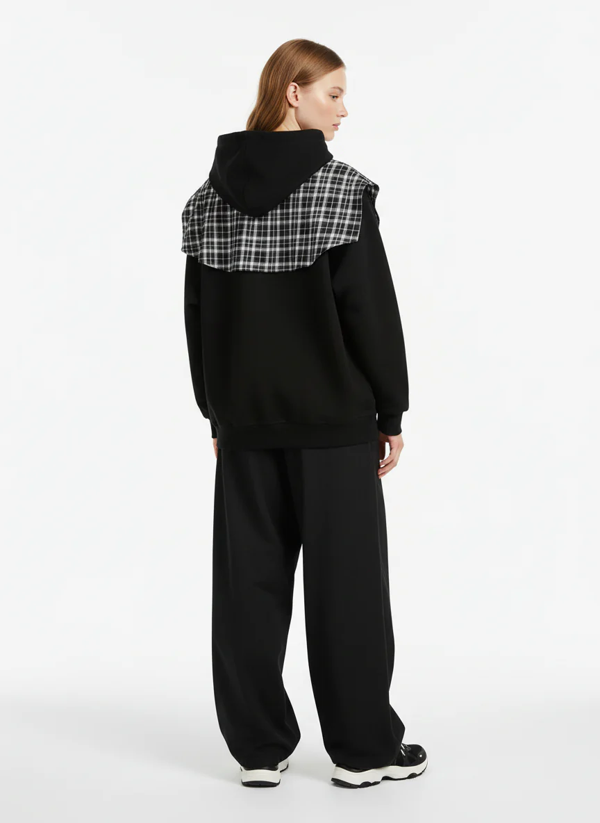 Fake Two-Piece Plaid Shirt Scarf Design Hoodie - Image 7