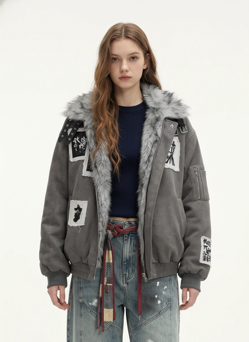 Faux Fur Collar Patchwork Embroidered Quilted Jacket