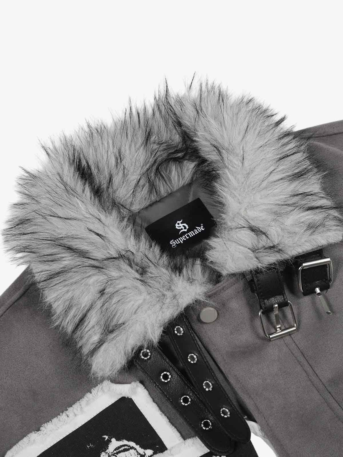 Faux Fur Collar Patchwork Embroidered Quilted Jacket - Image 13