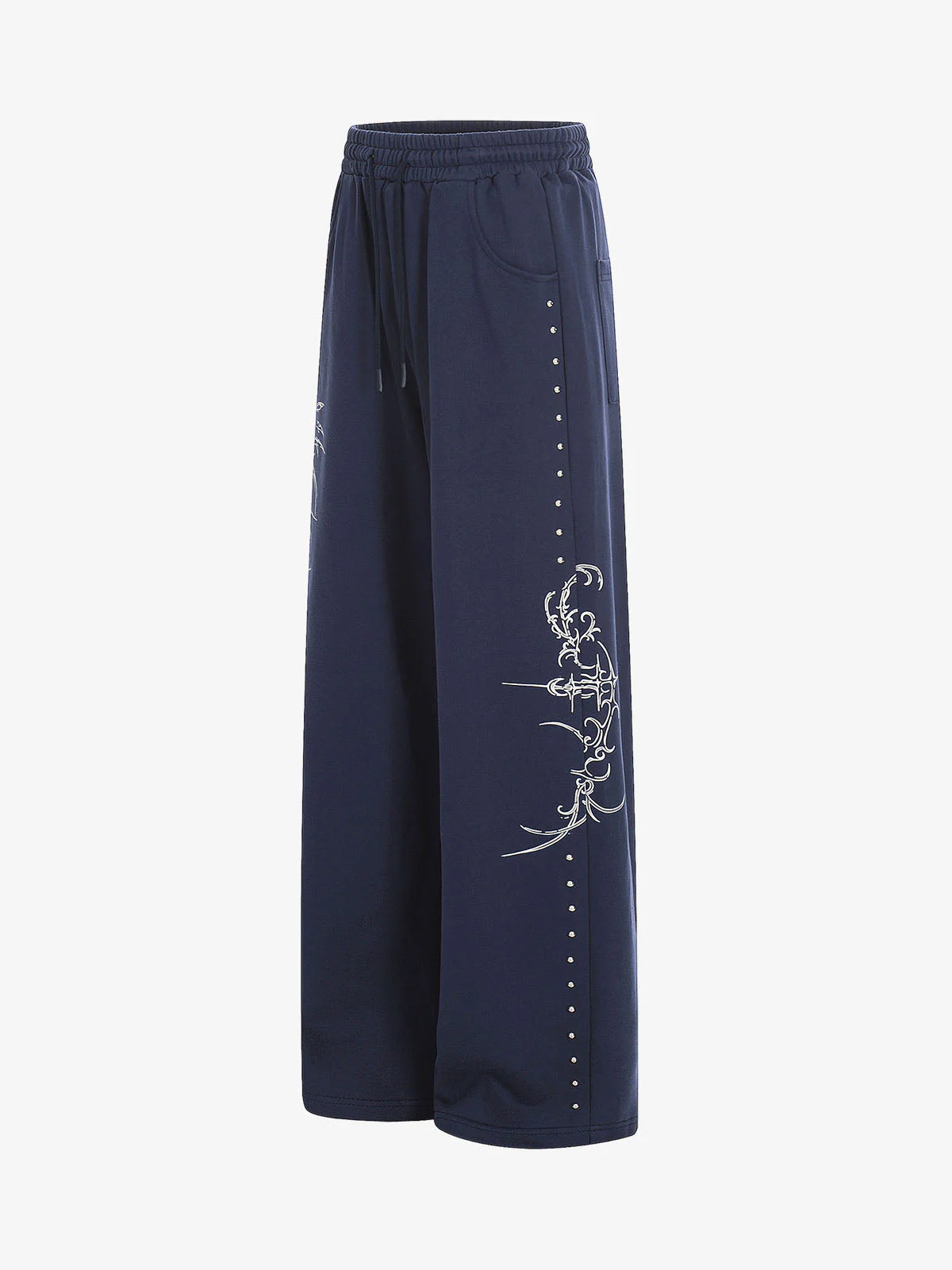 Floral Line Art Studded Wide Leg Drawstring Sweatpants - Image 5