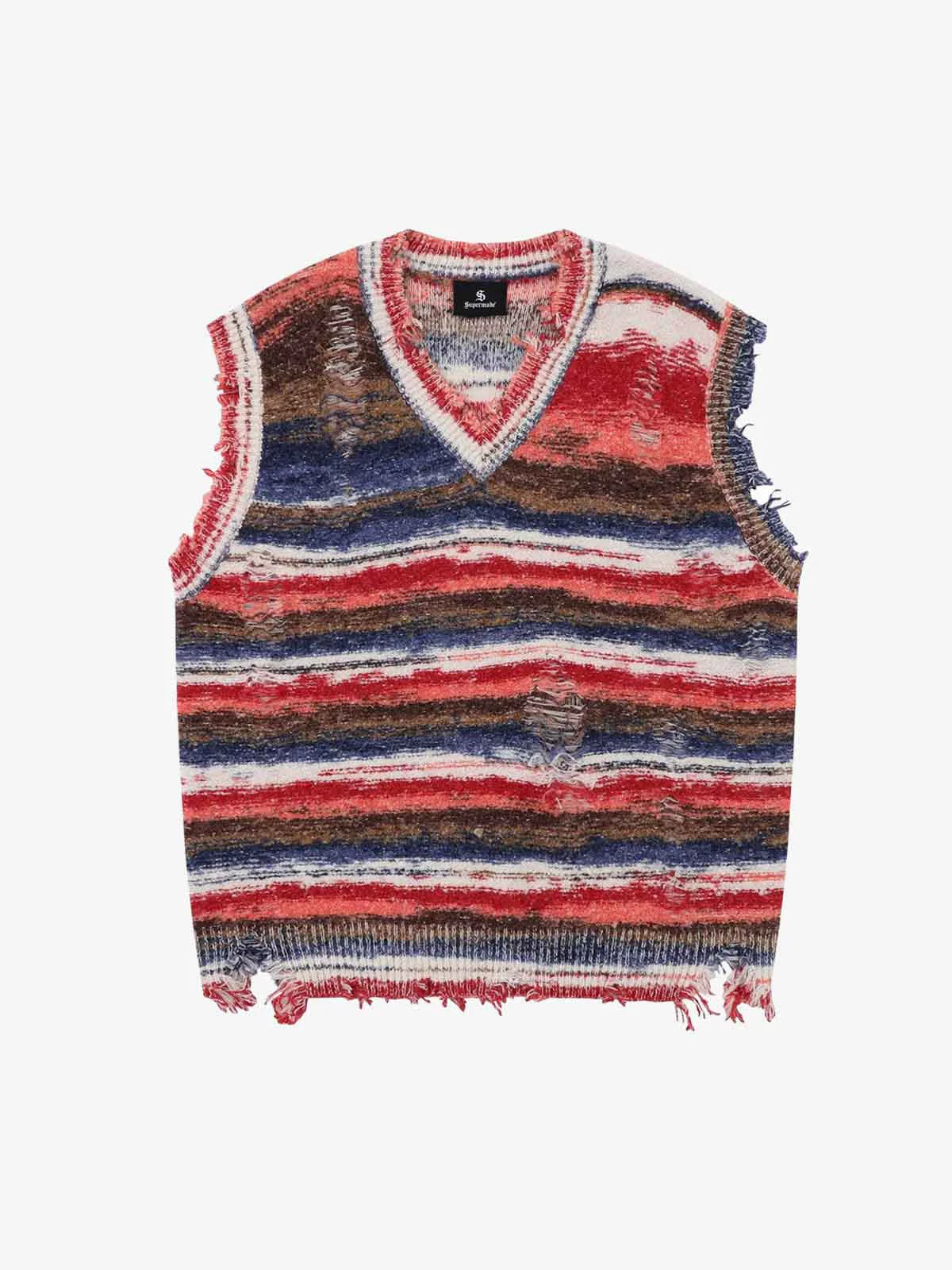 Frayed Edge Striped V Neck Knit Vest - Image 8