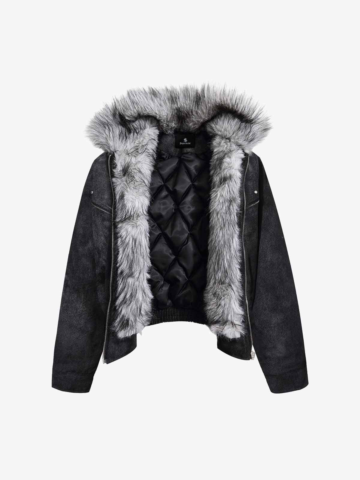 Fur Collar Moto-Style Zip Up Bomber Jacket - Image 6