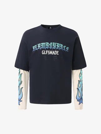 Gradient Letter Print Patchwork Faux Two-Piece Long-Sleeved T-Shirt - Image 2