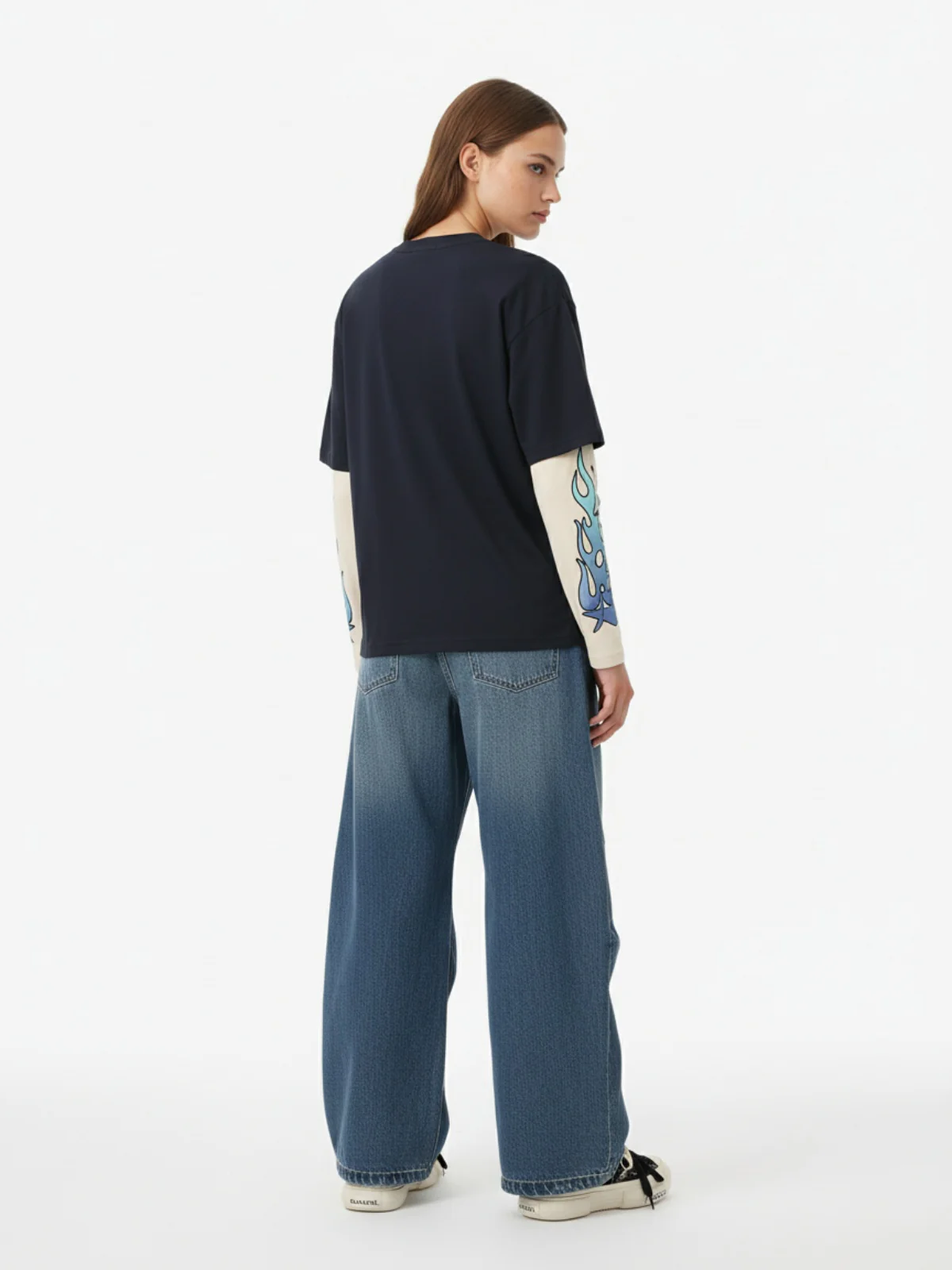 Gradient Letter Print Patchwork Faux Two-Piece Long-Sleeved T-Shirt - Image 7