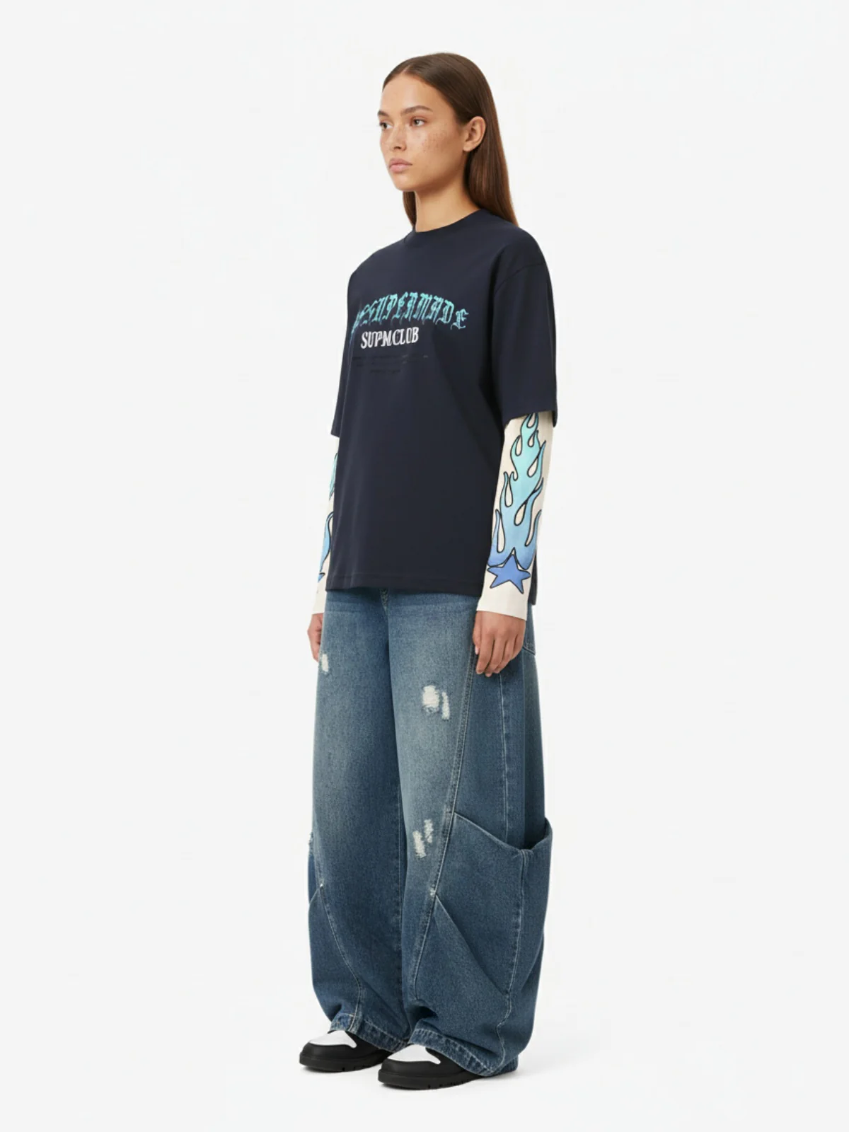 Gradient Letter Print Patchwork Faux Two-Piece Long-Sleeved T-Shirt - Image 8