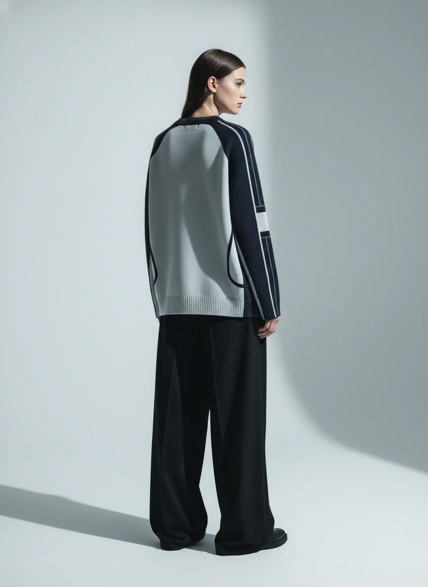 High Street Geometric Deconstruction Splicing Cardigan Sweater - Image 5