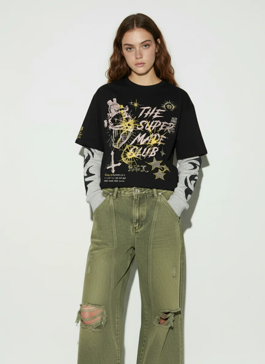 Hip-Hop Punk Faux Two-Piece Long-Sleeved T-Shirt - 2457 - Image 4