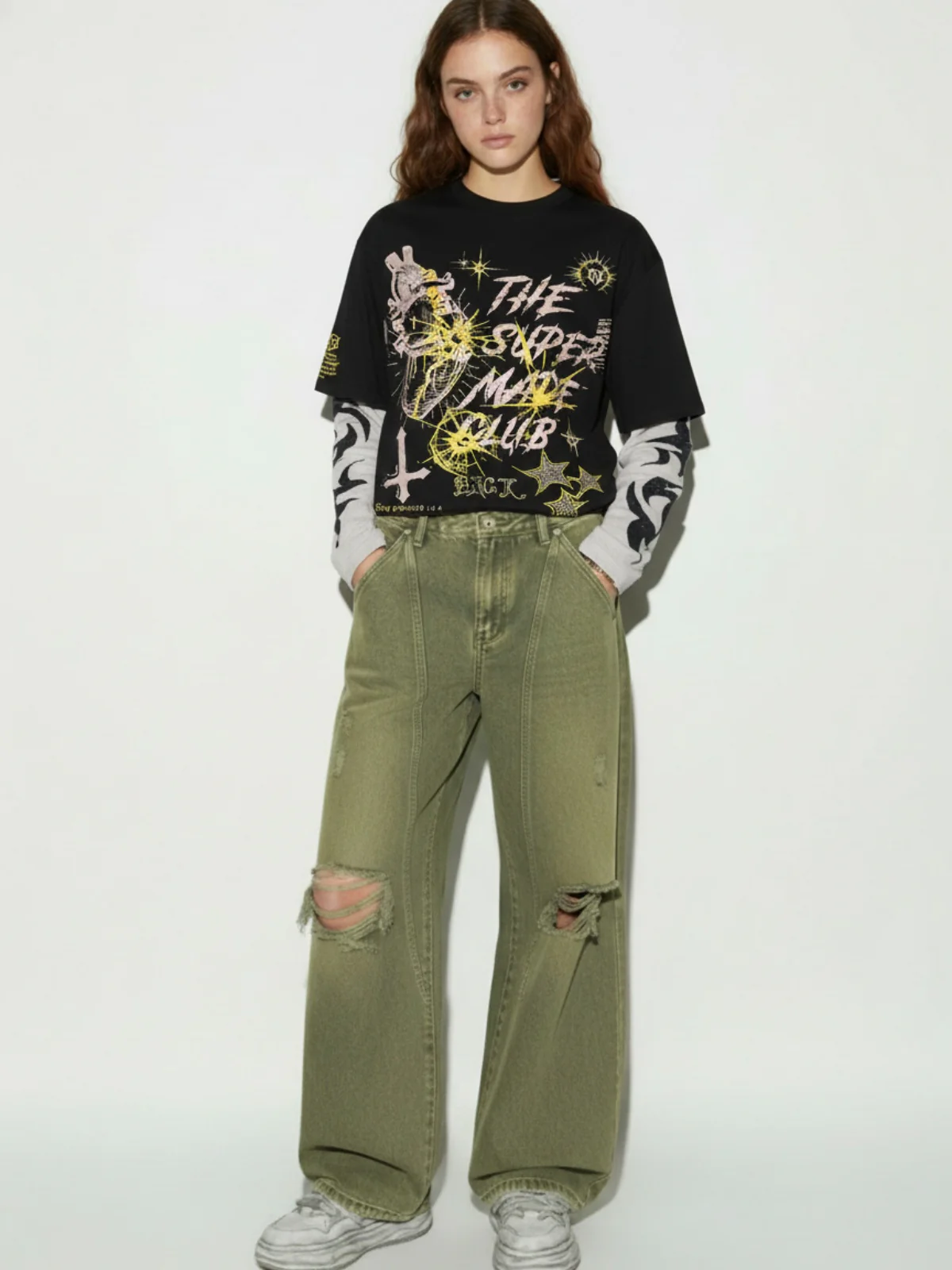 Hip-Hop Punk Faux Two-Piece Long-Sleeved T-Shirt - 2457 - Image 5