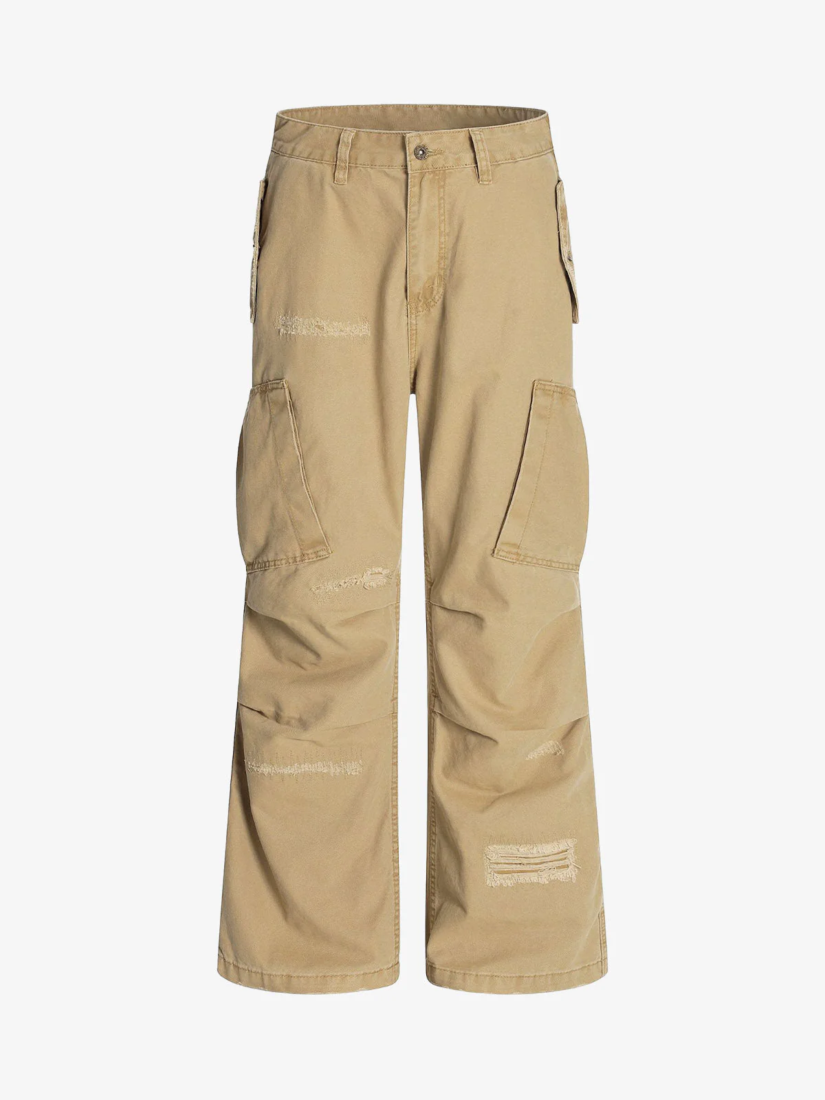 Cotton Hole Patch Pleated Multi-Pocket Cargo Casual Pants - Image 2
