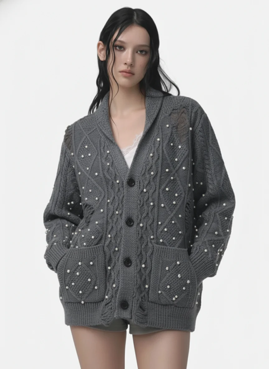 Retro Beaded Crochet Distressed Knit Cardigan