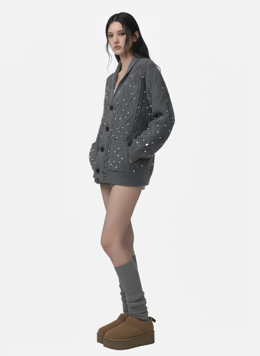 Retro Beaded Crochet Distressed Knit Cardigan - Image 5