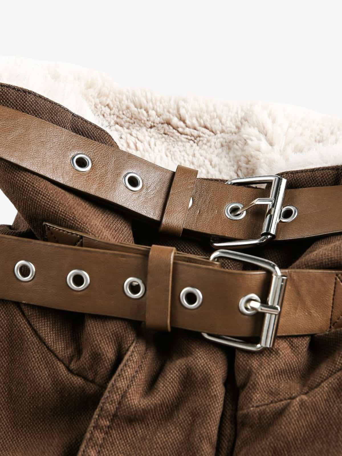 Retro Brown Corduroy Faux Fur Collar Buckle Bomber Jacket - Image 10