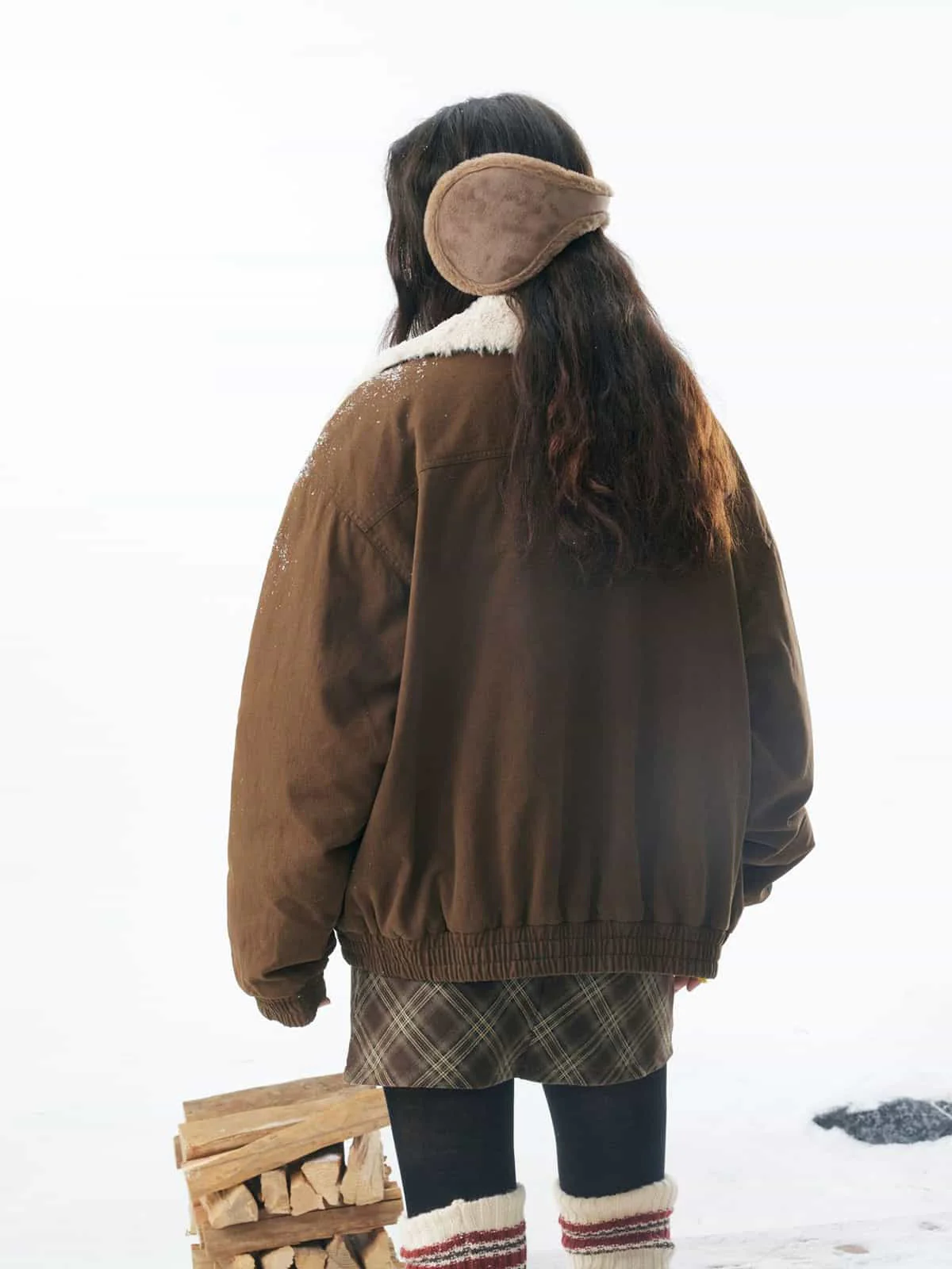 Retro Brown Corduroy Faux Fur Collar Buckle Bomber Jacket - Image 5