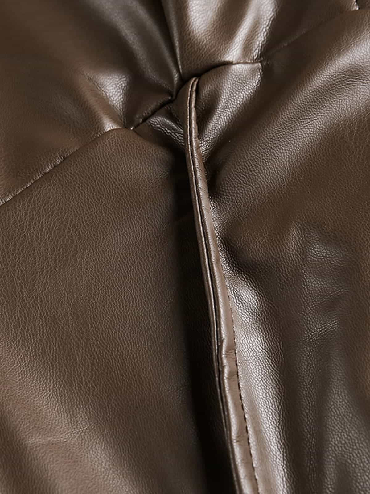 Retro Brown Faux Leather Zip-Up Bomber Jacket - Image 12