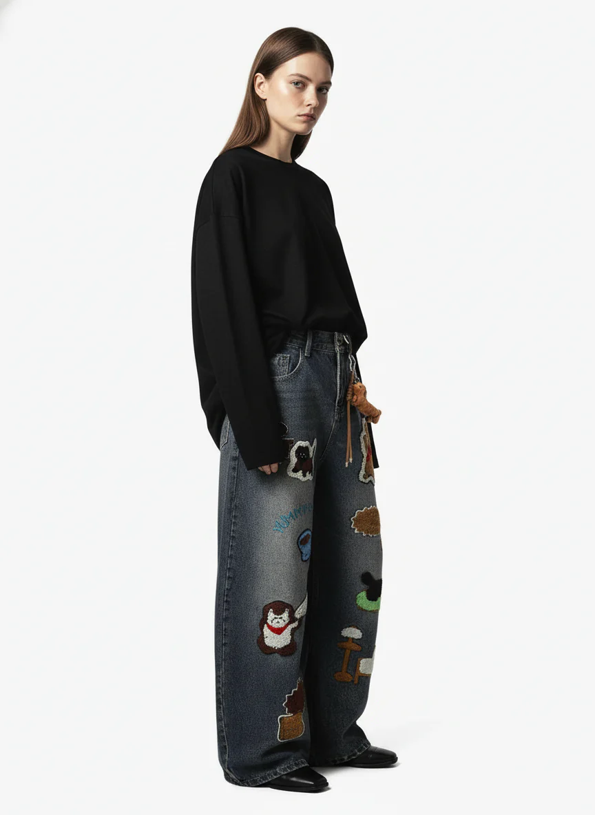 Retro Cartoon Graphic Heavy Embroidery Barrel Jeans - Image 5
